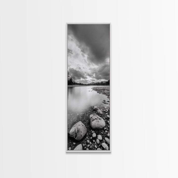 Rocky River, Serene Stream, Nature Calm, Monochrome Landscape, Framed Canvas Print Rustic Wall Decor, Modern Bathroom Art, Minimalist Style