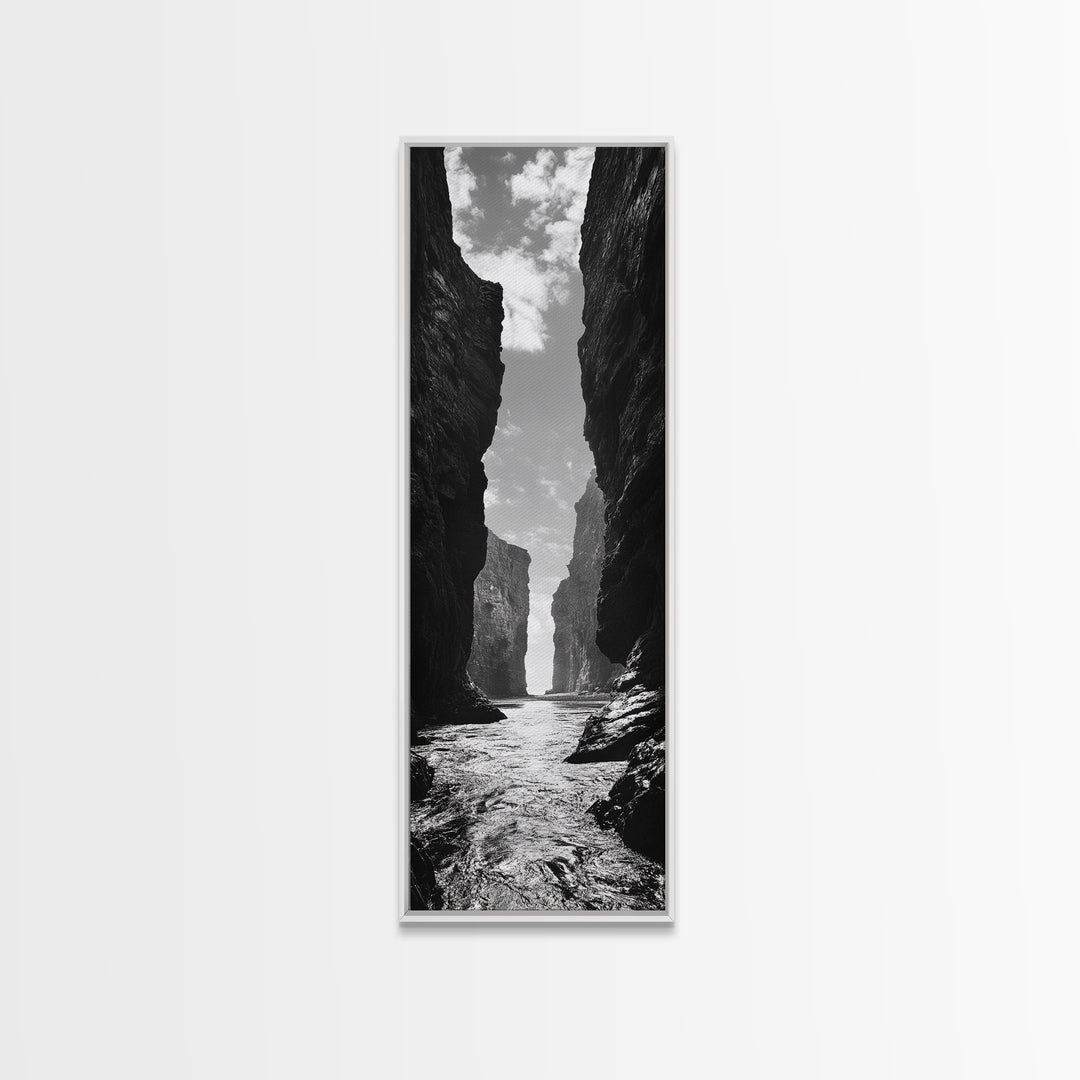 Coastal Canyon, Ocean Passage, Black White Art, Vertical Nature Scene, Framed Canvas Print Entryway Wall Art, Landscape Minimalist Decor