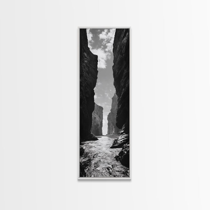 Coastal Canyon, Ocean Passage, Black White Art, Vertical Nature Scene, Framed Canvas Print Entryway Wall Art, Landscape Minimalist Decor