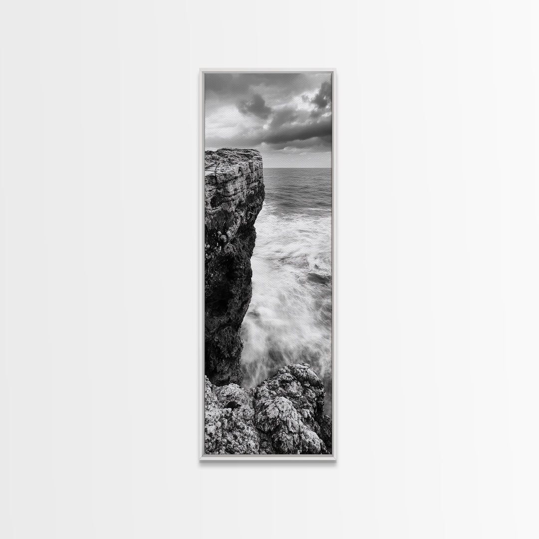 Cliffside Ocean, Storm Waves, Dramatic Coast, Monochrome Rocks, Framed Canvas Print Bathroom Wall Art, Minimalist Nautical Style, Coastal Decor