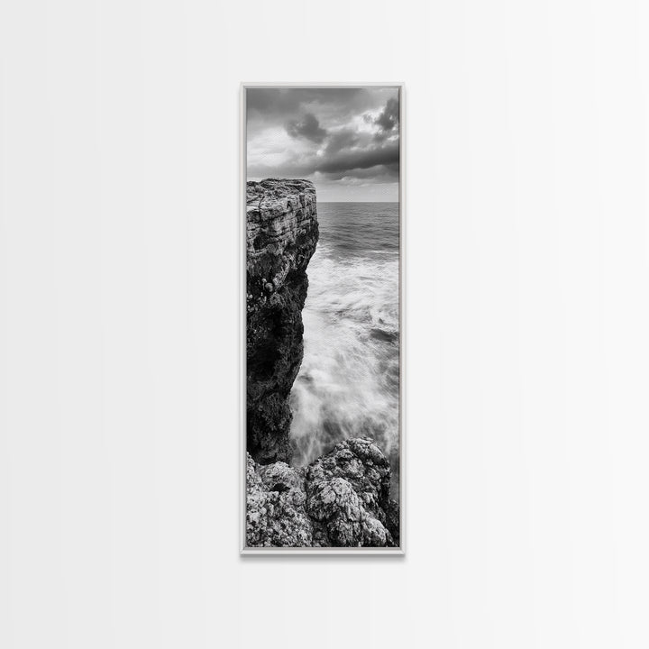 Cliffside Ocean, Storm Waves, Dramatic Coast, Monochrome Rocks, Framed Canvas Print Bathroom Wall Art, Minimalist Nautical Style, Coastal Decor