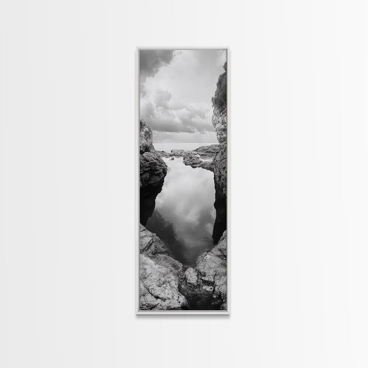 Tide Pool, Coastal Reflection, Tranquil Cove, Cloudy Sky, Framed Canvas Print Zen Bathroom Art, Minimalist Nature Wall Decor, Neutral Modern Style