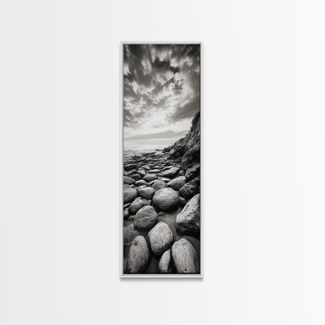 Coastal Stones, Rocky Shore, Sunrise Ocean, Black White Print, Framed Canvas Print Beach House Decor, Entryway Art, Nautical Minimalist Wall Art