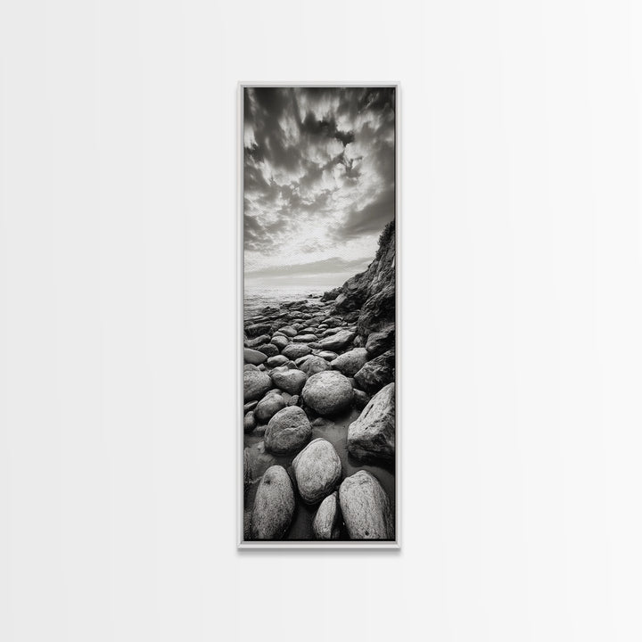 Coastal Stones, Rocky Shore, Sunrise Ocean, Black White Print, Framed Canvas Print Beach House Decor, Entryway Art, Nautical Minimalist Wall Art