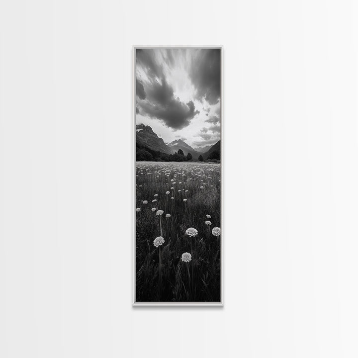 Wildflower Field, Alpine Meadow, Mountain Backdrop, Nature Print, Serene View, Framed Canvas Print, Living Room Wall Art, Rustic Farmhouse Decor