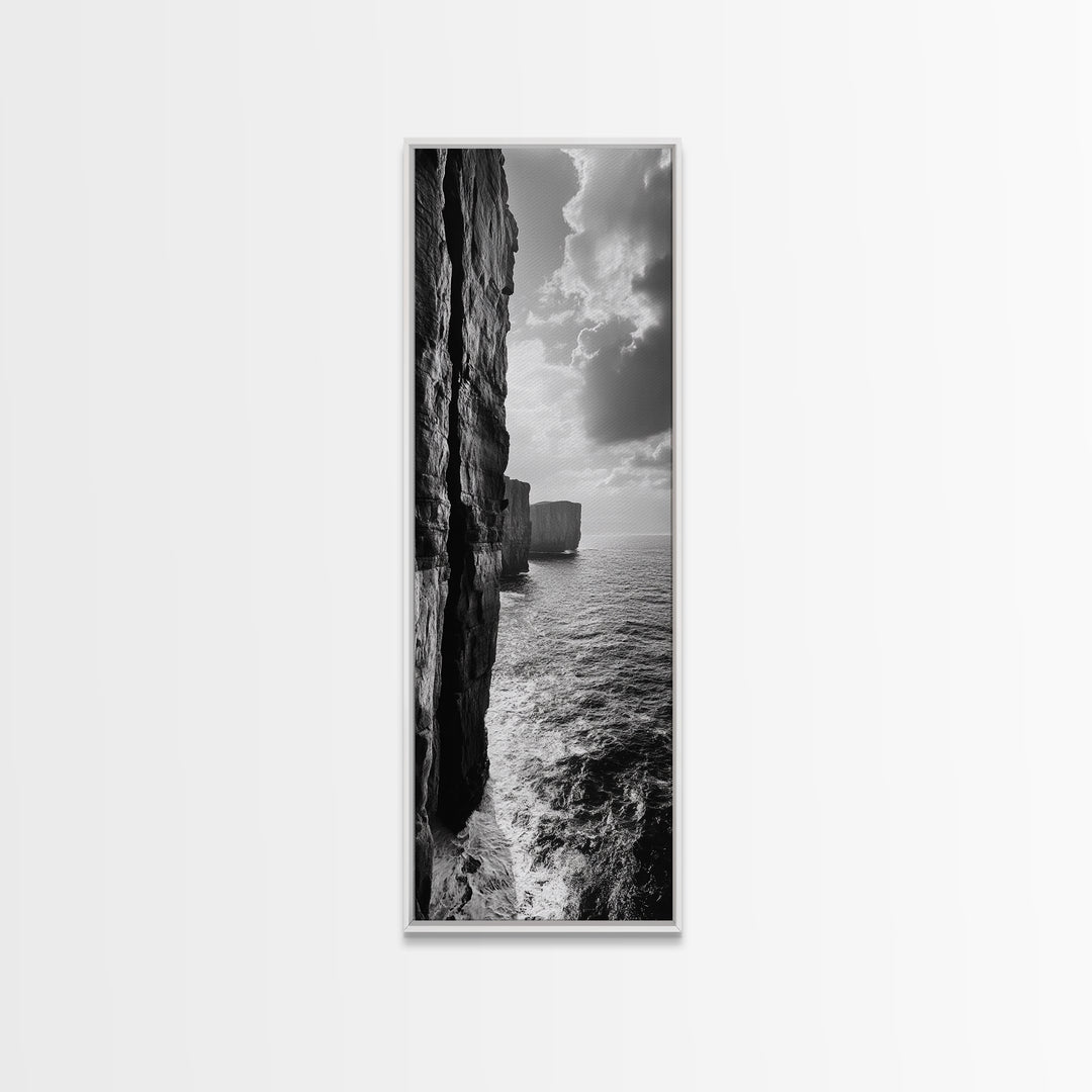 Cliff Edge, Ocean Depth, Moody Seascape, Framed Canvas Print, Coastal Wall Art, Black and White Photography, Office or Study Decor