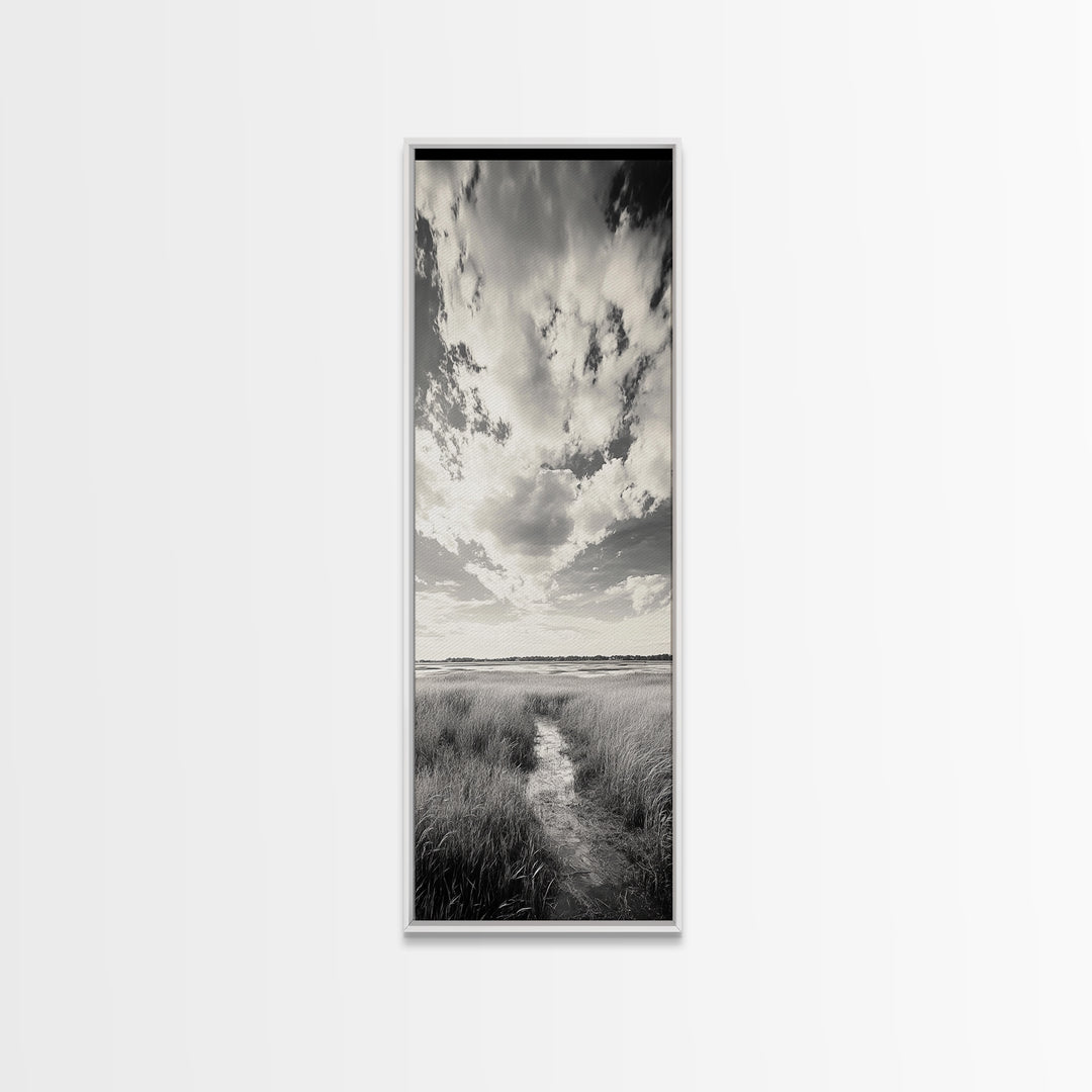 Marshland Pathway, Coastal Grassland Art, Nature Wall Decor, Calm Landscape Style, Framed Canvas Print, Neutral Tones Minimalist