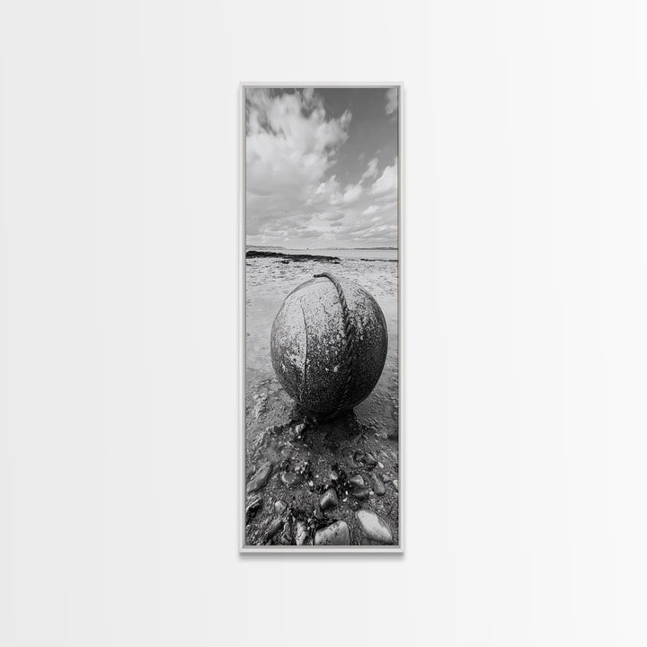 Weathered Buoy Ball, Rustic Coastal, Beach Decor, Nautical Minimalism, Framed Canvas Print, Bathroom Wall Art, Ocean Inspired Design