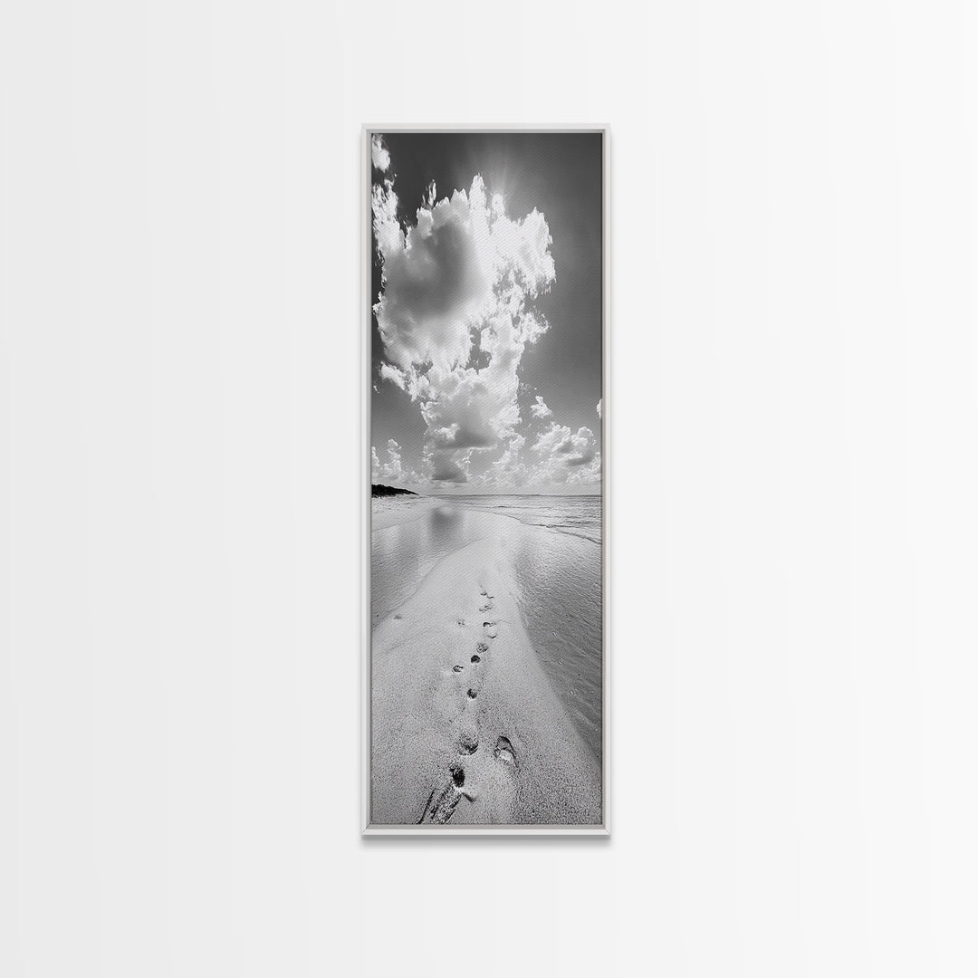 Footprints Beach Path, Ocean Shore Wall Art, Minimalist Seascape Style, Relaxing Bathroom Decor, Framed Canvas Print, Coastal Vibes