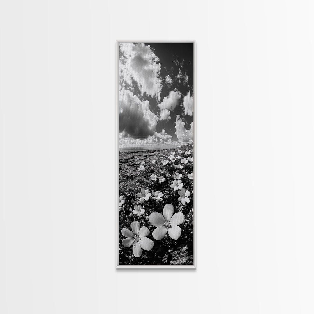 Ocean Flowers Art, Coastal Wildflower Print, Nature Boho Aesthetic, Beach House Wall Style, Framed Canvas Print, Moody Seaside Decor
