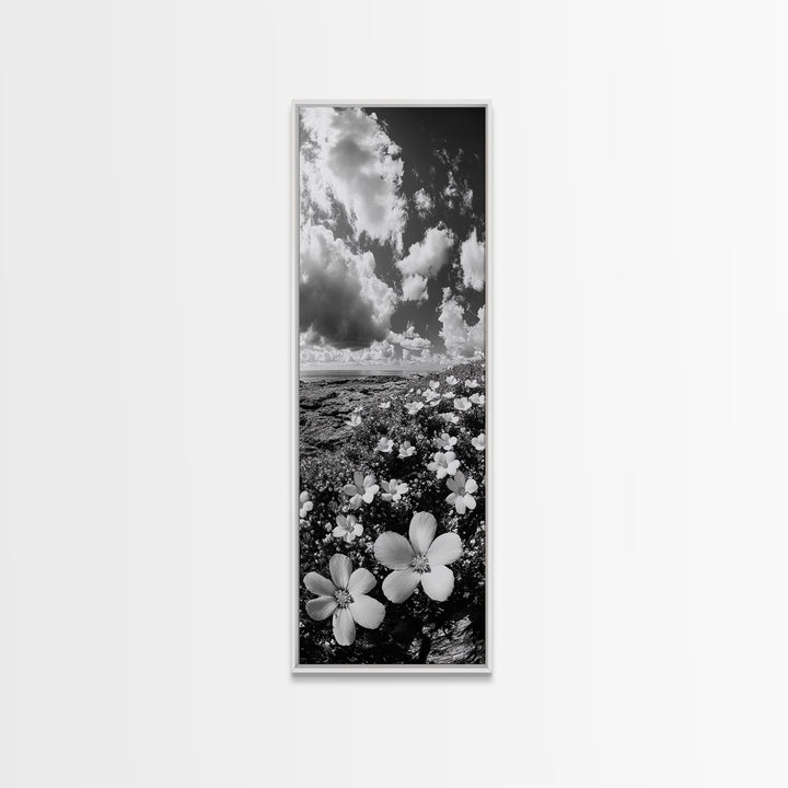 Ocean Flowers Art, Coastal Wildflower Print, Nature Boho Aesthetic, Beach House Wall Style, Framed Canvas Print, Moody Seaside Decor