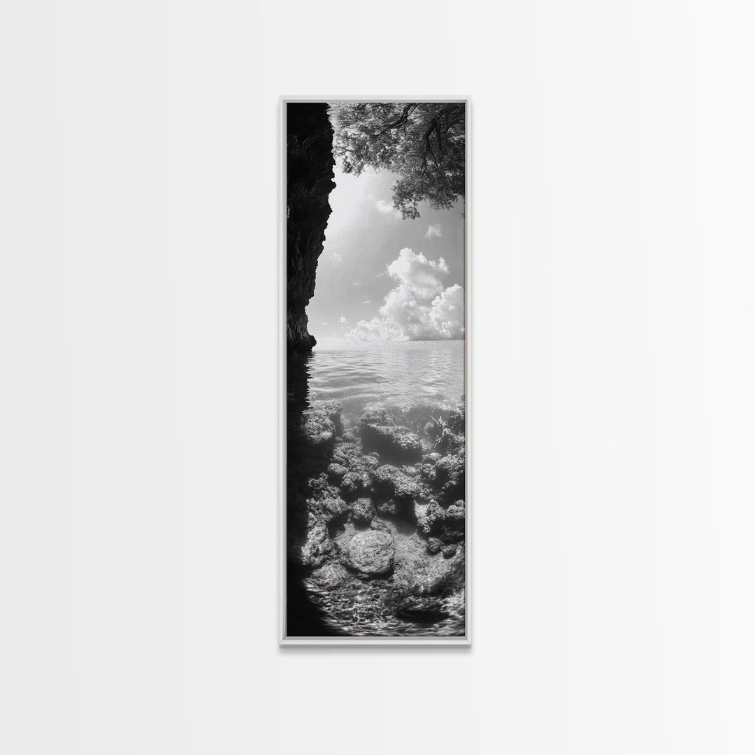 Ocean Cave View, Coastal Water Art, Dreamy Nature Escape Print, Bathroom or Bedroom Decor, Framed Canvas Print, Tranquil Seascape
