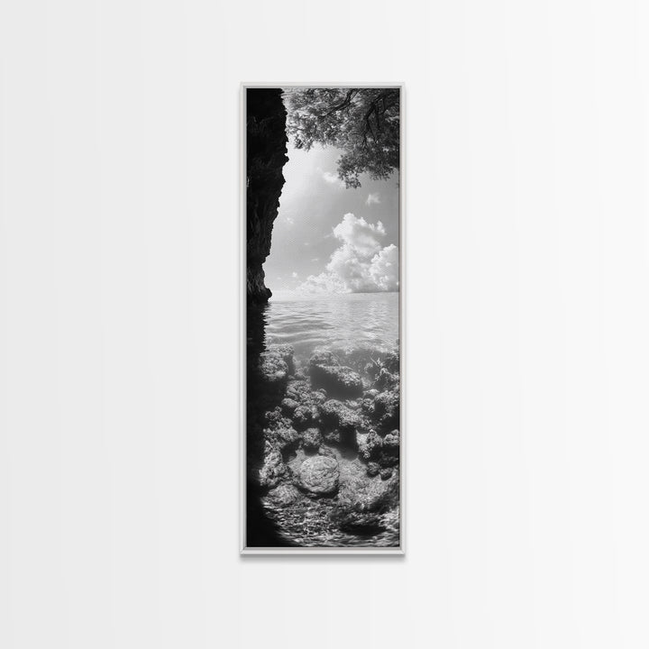 Ocean Cave View, Coastal Water Art, Dreamy Nature Escape Print, Bathroom or Bedroom Decor, Framed Canvas Print, Tranquil Seascape