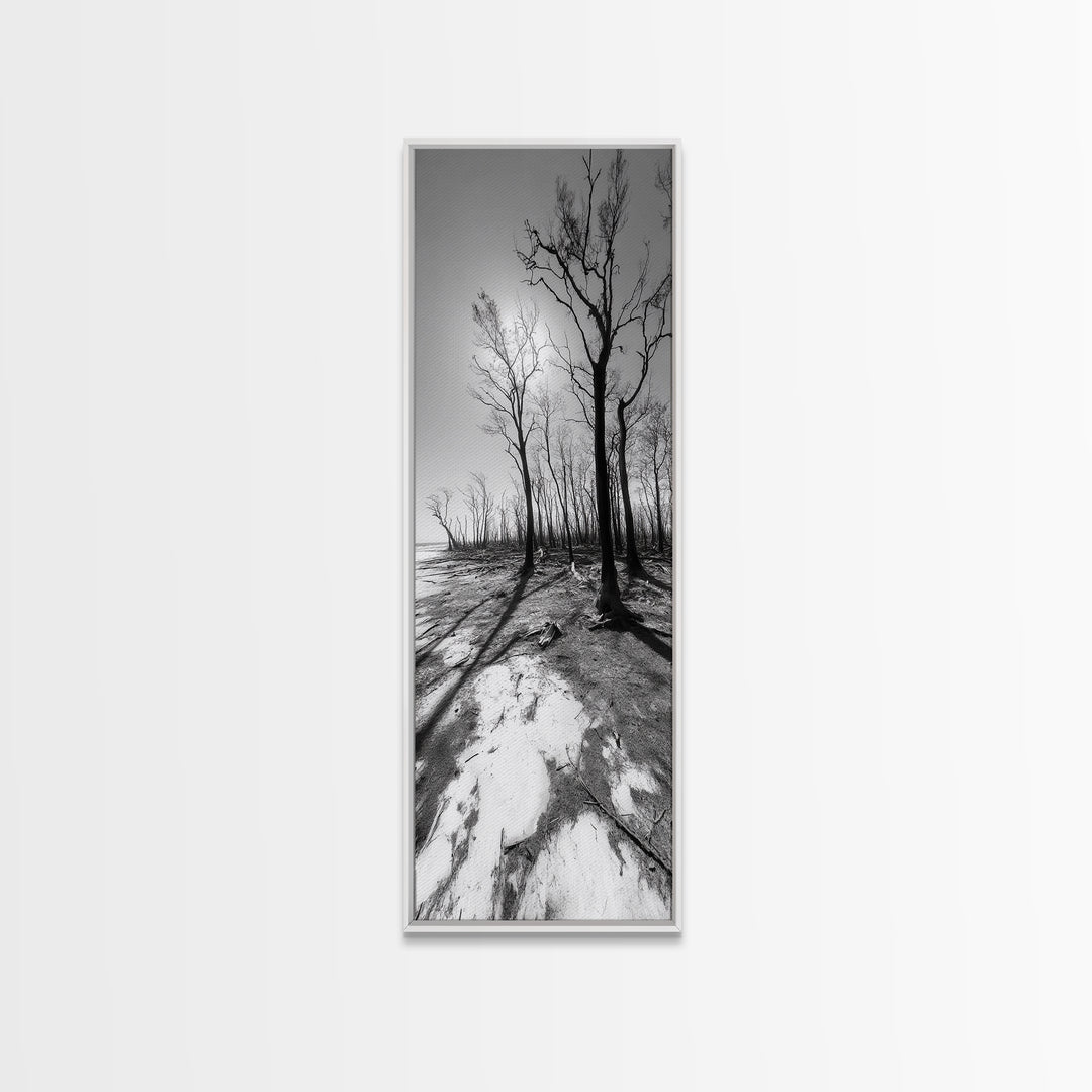 Haunting Tree Silhouettes, Forest Edge, Black White Nature, Desert Trees, Framed Canvas Print, Fall Art, Living Room Wall Art