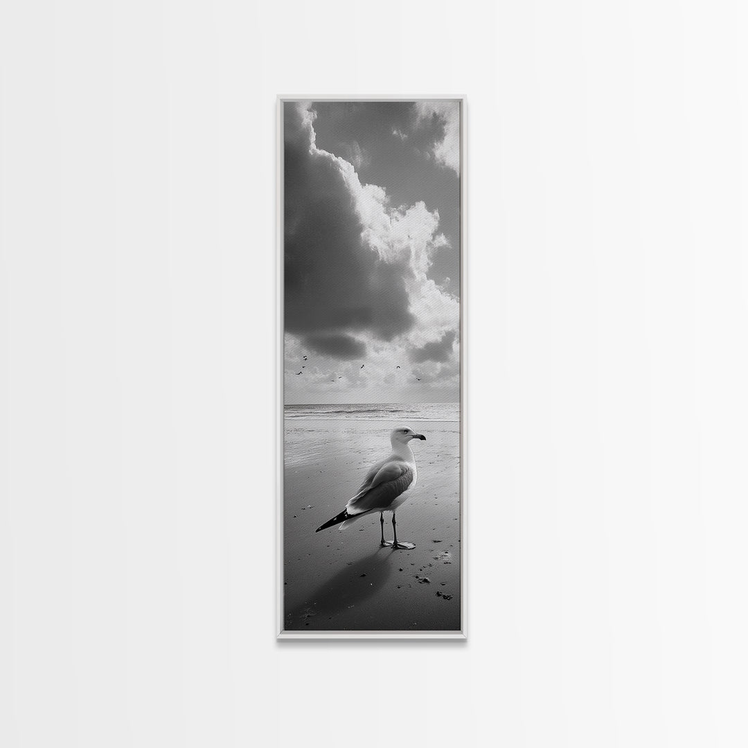 Seagull, Ocean Breeze, Beach Minimalism, Tranquil Shoreline, Seagull Photo Art, Coastal Framed Canvas Print, Bathroom Wall Decor
