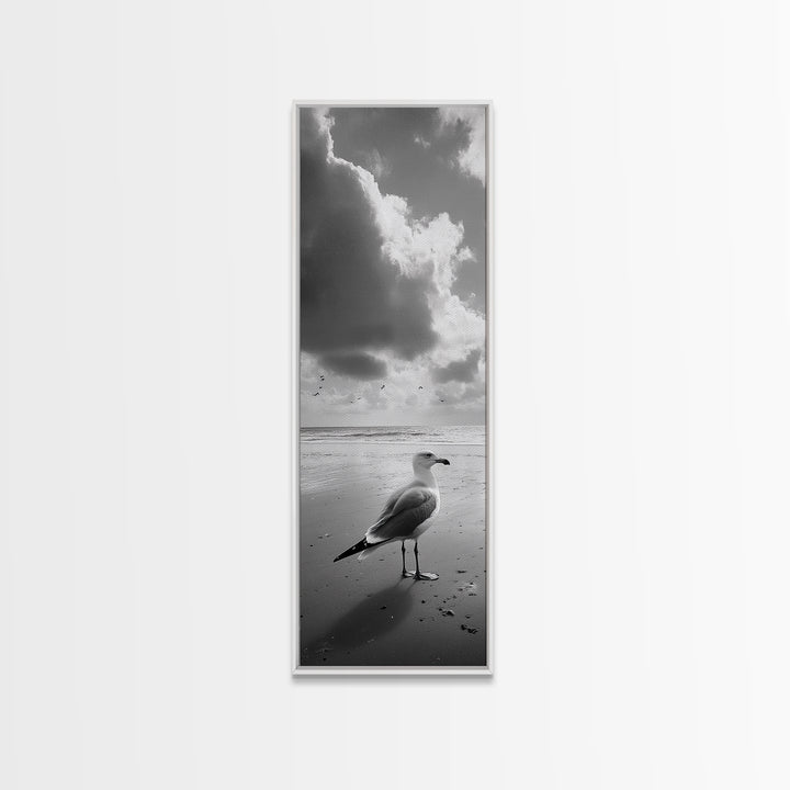 Seagull, Ocean Breeze, Beach Minimalism, Tranquil Shoreline, Seagull Photo Art, Coastal Framed Canvas Print, Bathroom Wall Decor