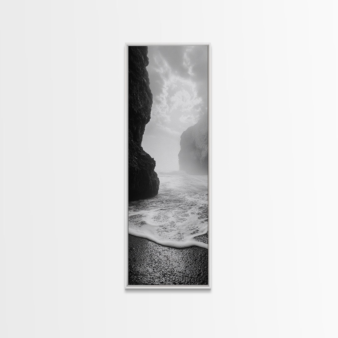 Coastal Rocks, Ocean Mist, Dreamy Seascape, Monochrome Coastline, Nature Photography Canvas Print, Moody Living Room Wall Art