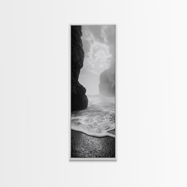 Coastal Rocks, Ocean Mist, Dreamy Seascape, Monochrome Coastline, Nature Photography Canvas Print, Moody Living Room Wall Art