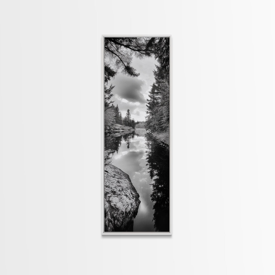 Forest Reflection, Lake Stillness, Tranquil Pines, Nature Calm, Black and White Canvas Print, Bedroom Wall Art, Cabin Vibes