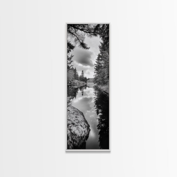 Forest Reflection, Lake Stillness, Tranquil Pines, Nature Calm, Black and White Canvas Print, Bedroom Wall Art, Cabin Vibes