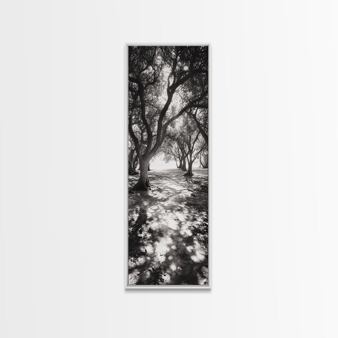 Tree Shadows, Woodland Light, Forest Stroll, Peaceful Canopy, Dappled Light Canvas Print, Cozy Living Room Wall Art, Autumn Decor