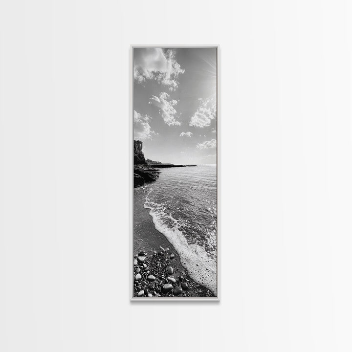 Coastal Shoreline, Pebble Beach, Ocean Breeze, Canvas Print, Bathroom Wall Art, Minimalist Decor, Black White Photography, Seaside Vibe