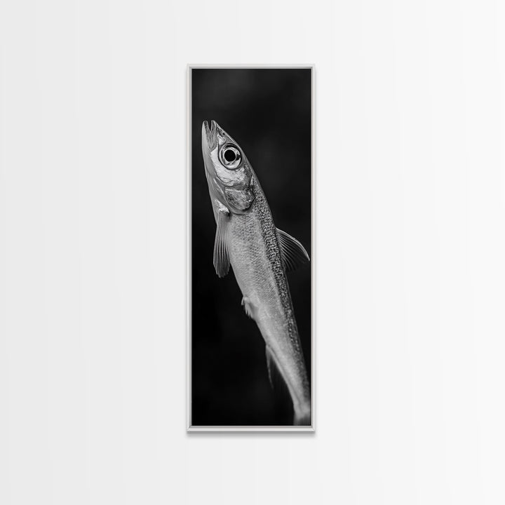 Silver Fish, Minimal Animal, Ocean Catch, Framed Canvas Print, Kitchen Wall Art, Nature Inspired Decor, Monochrome Sea Life