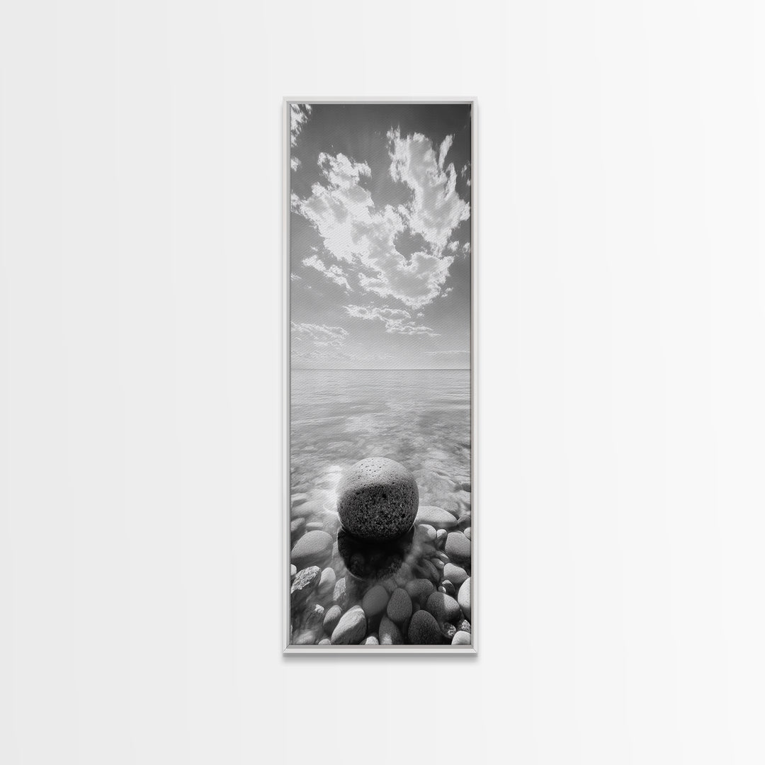Zen Stone, Calm Waters, Smooth Pebbles, Framed Canvas Print, Spa Wall Art, Minimalist Bathroom Decor, Tranquil Home Accent