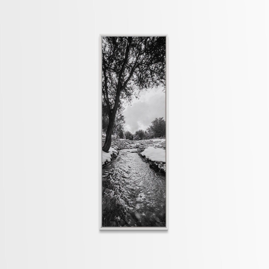 Peaceful Creek, Snow Trees, Winter Flow, Framed Canvas Print, Rustic Nature Art, Farmhouse Wall Decor, Serene Entryway Accent, Bedroom Decor