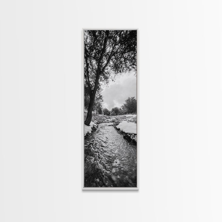 Peaceful Creek, Snow Trees, Winter Flow, Framed Canvas Print, Rustic Nature Art, Farmhouse Wall Decor, Serene Entryway Accent, Bedroom Decor