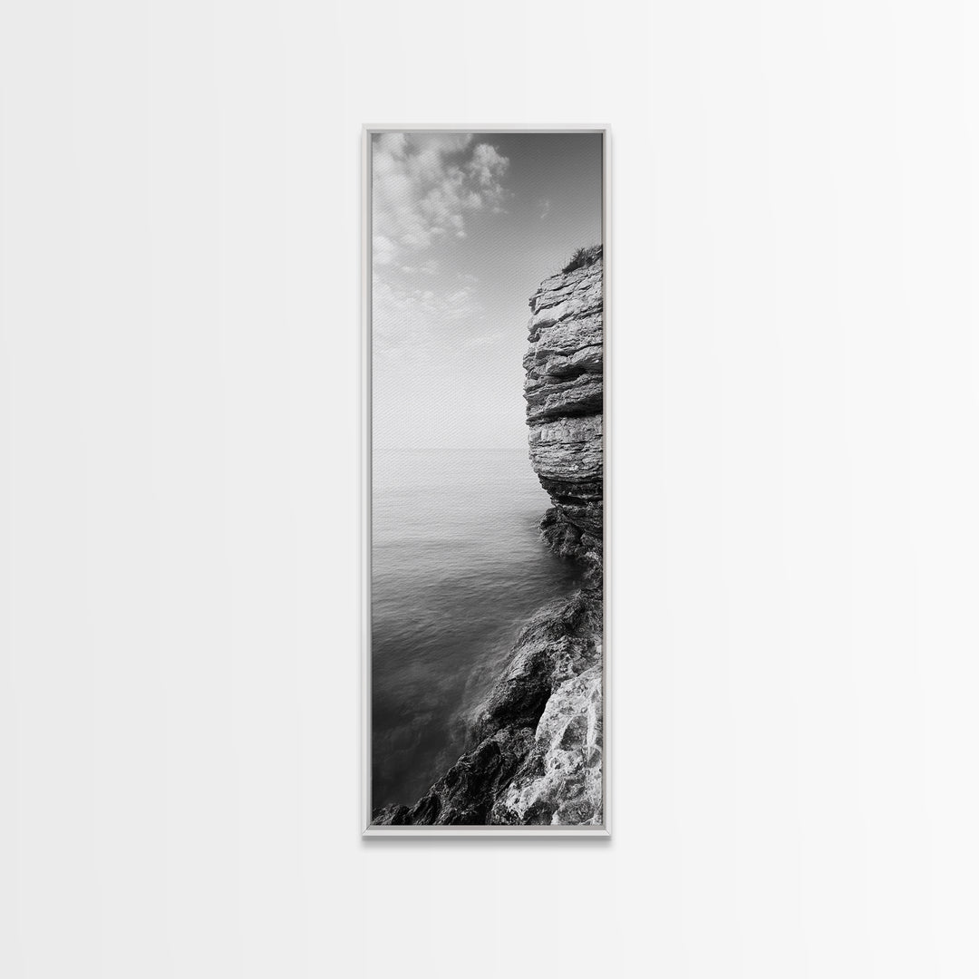 Cliffside Calm, Ocean View, Rock Texture, Seaside Stillness Framed Canvas Print, Modern Office Wall Art, Coastal Minimalist Decor