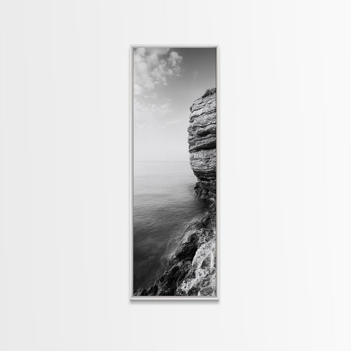 Cliffside Calm, Ocean View, Rock Texture, Seaside Stillness Framed Canvas Print, Modern Office Wall Art, Coastal Minimalist Decor