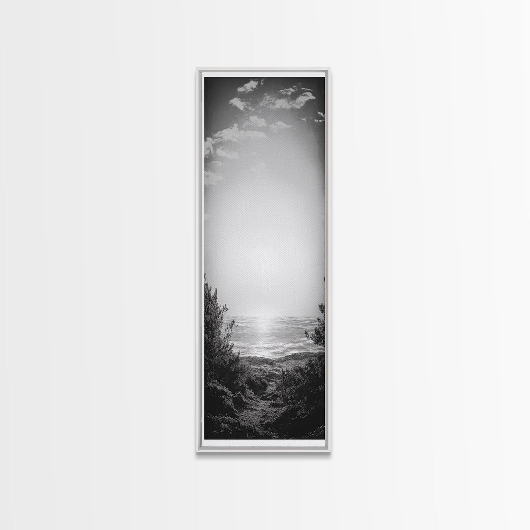 Horizon Glow, Ocean Sunset, Seaside Path, Tranquil Evening Framed Canvas Print, Nature Inspired Bedroom Wall Art, Zen Minimalist Decor