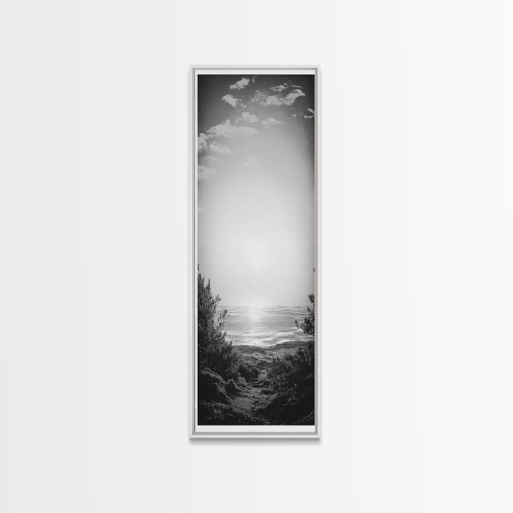 Horizon Glow, Ocean Sunset, Seaside Path, Tranquil Evening Framed Canvas Print, Nature Inspired Bedroom Wall Art, Zen Minimalist Decor