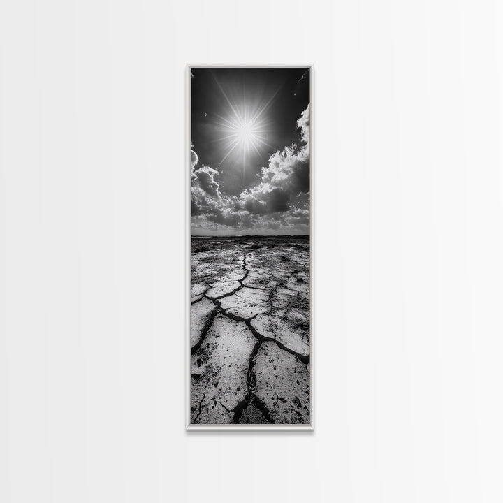 Cracked Earth, Sunburst Sky, Natural Texture, Desert Landscape, Framed Canvas Print, Rustic Decor, Earth Tone Art, Office Wall Art