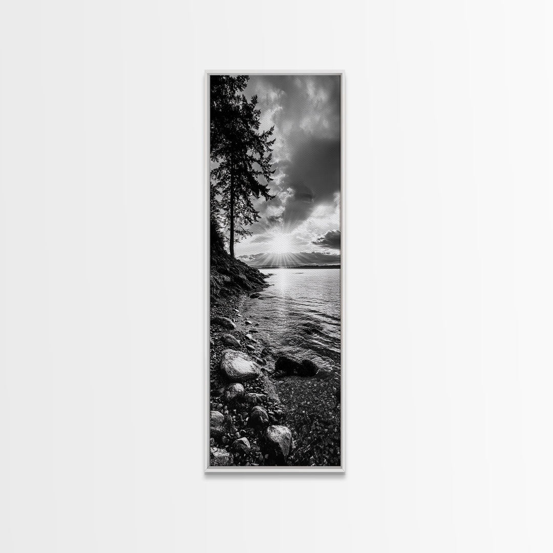 Tree Shoreline, Tranquil Water, Sunset Reflection, Peaceful Horizon, Framed Canvas Print, Nature Photography, Cabin Wall Art