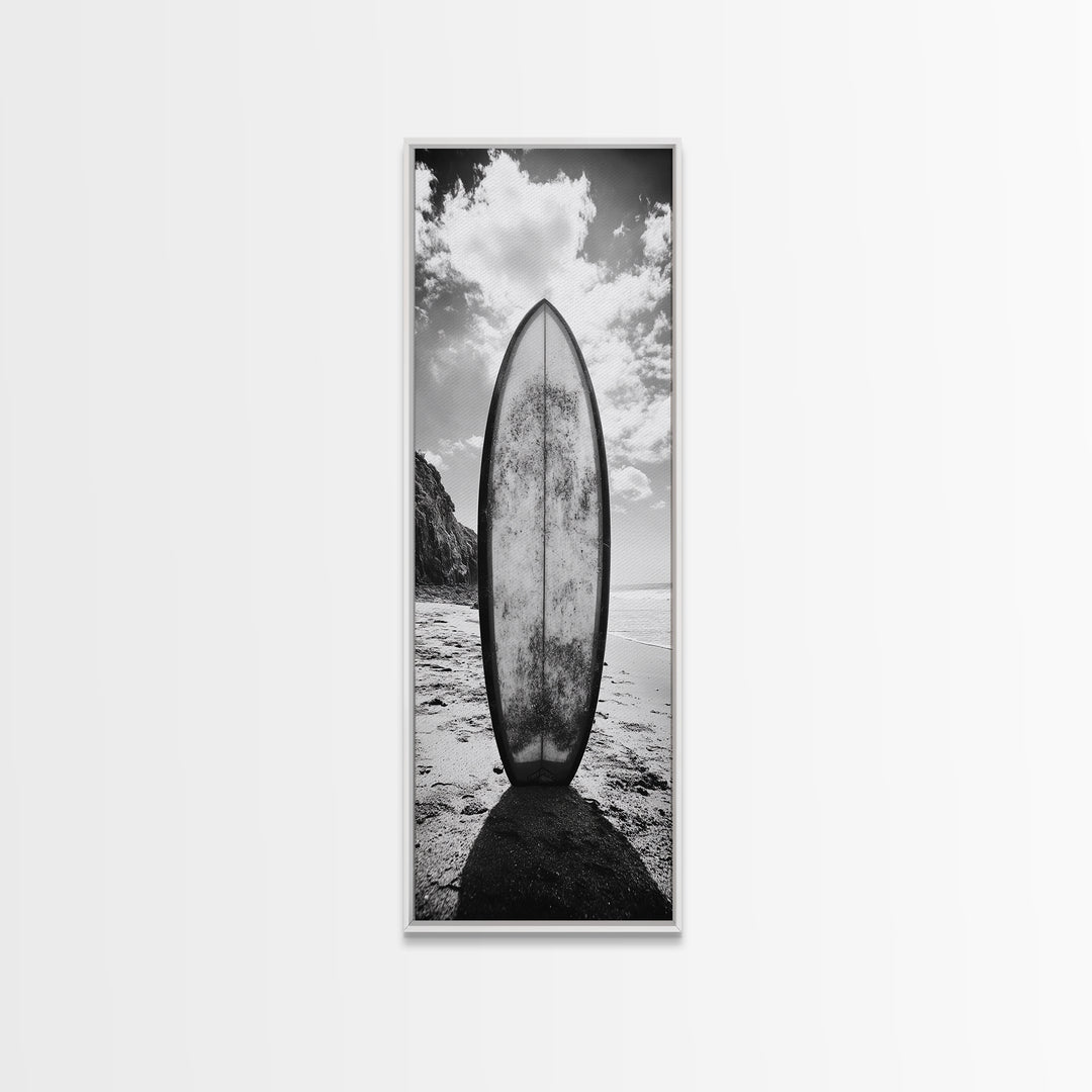 Surfboard Vertical, Sandy Beach, Coastal Rocks, Ocean Horizon, Framed Canvas Print, Surf Art, Dorm Room Decor, Tropical Vibe