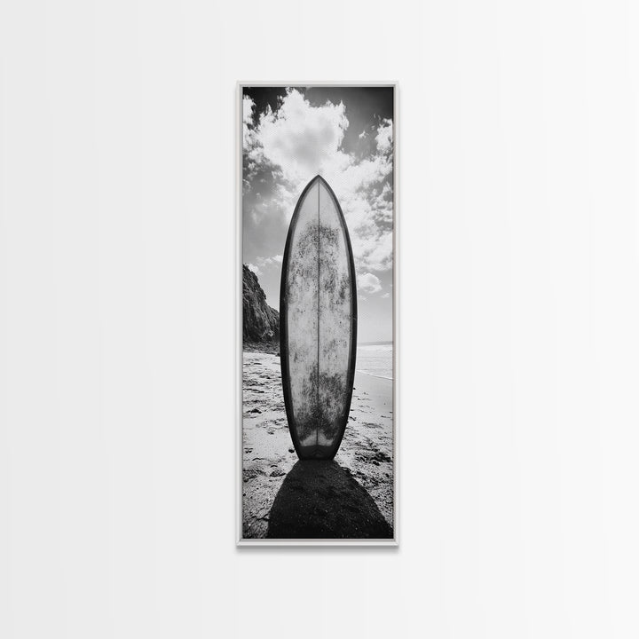 Surfboard Vertical, Sandy Beach, Coastal Rocks, Ocean Horizon, Framed Canvas Print, Surf Art, Dorm Room Decor, Tropical Vibe