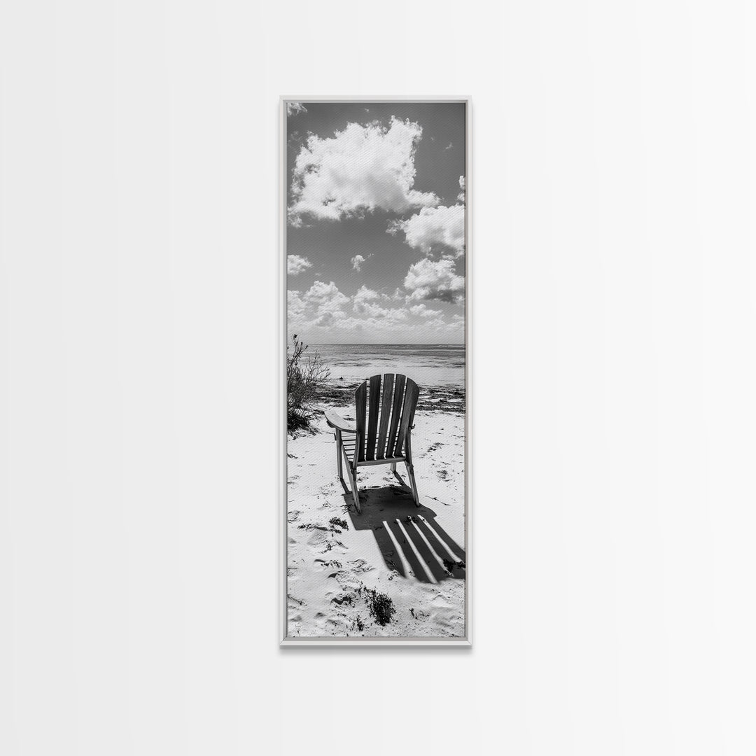 Seaside Chair View, Coastal Calm, Ocean Horizon, Beach Serenity, Framed Canvas Print, Living Room Wall Art, Relaxing Summer Vibe