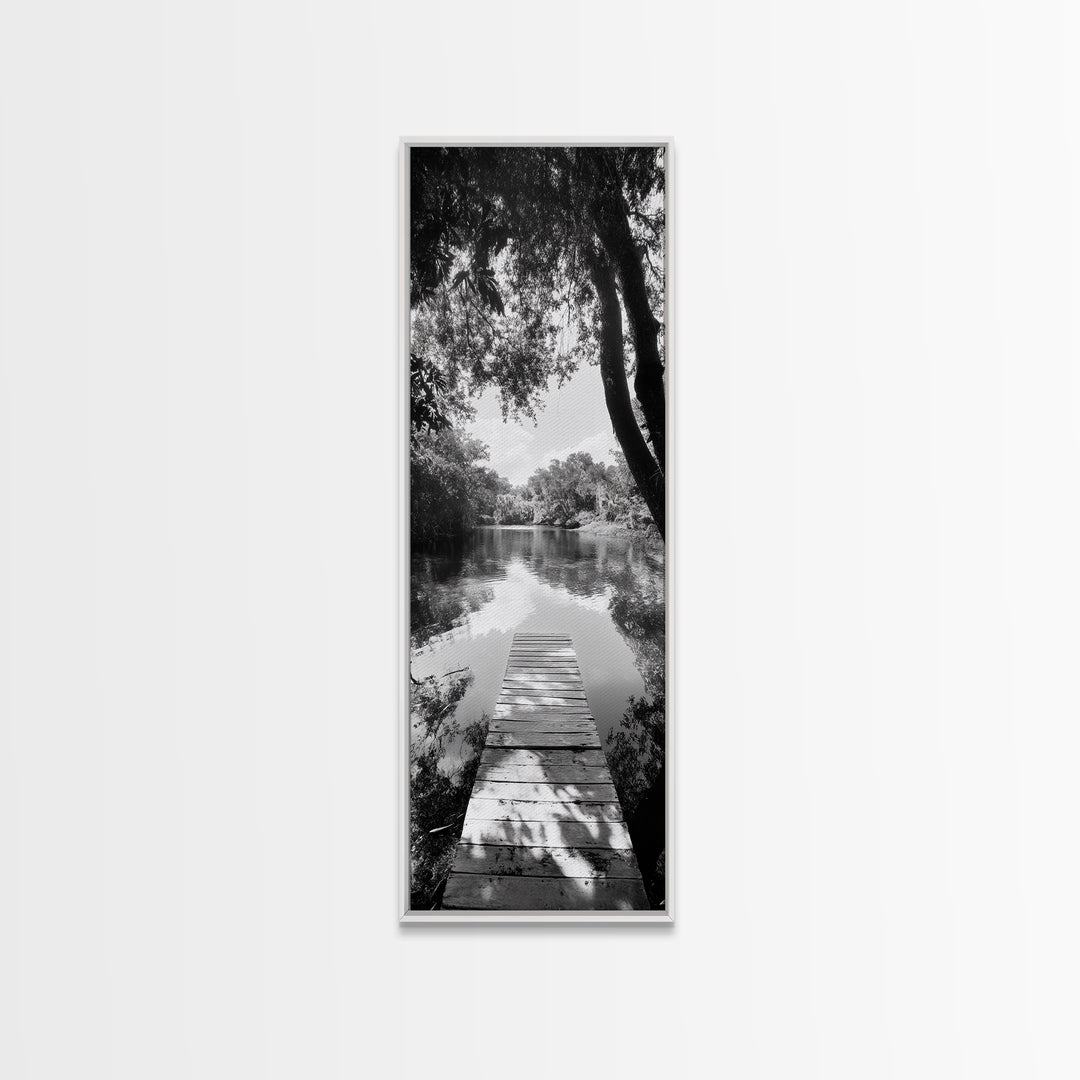 Tranquil Dock, Lake Stillness, Nature Reflection, Forest Retreat, Framed Canvas Print, Cabin Wall Art, Rustic Style, Bedroom Decor