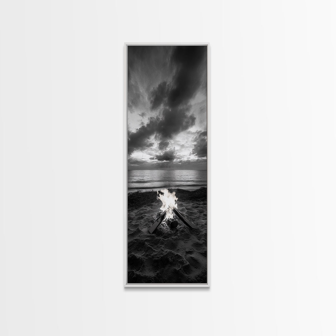 Campfire Glow Dusk, Beach Bonfire, Ocean Sunset Flame, Cozy Evening Mood, Framed Canvas Print, Fall Wall Art, Cabin Living Room Decor