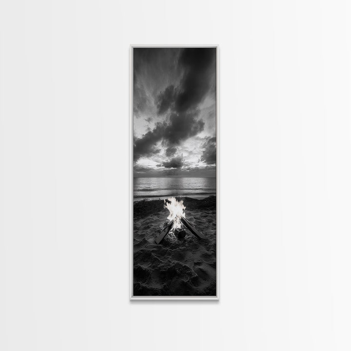 Campfire Glow Dusk, Beach Bonfire, Ocean Sunset Flame, Cozy Evening Mood, Framed Canvas Print, Fall Wall Art, Cabin Living Room Decor