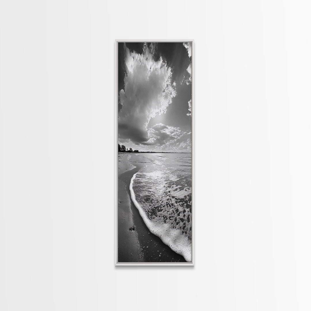Morning Beach, Shoreline Foam, Coastal Tranquility, Sunrise Horizon, Canvas Print, Beach Wall Art, Bathroom Decor, Seaside Vibes