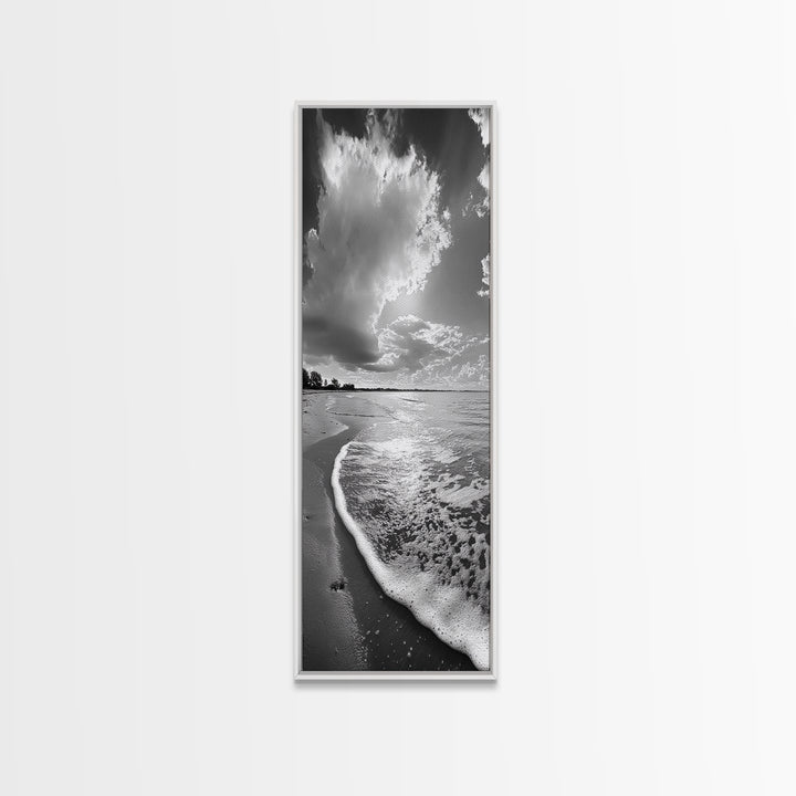 Morning Beach, Shoreline Foam, Coastal Tranquility, Sunrise Horizon, Canvas Print, Beach Wall Art, Bathroom Decor, Seaside Vibes