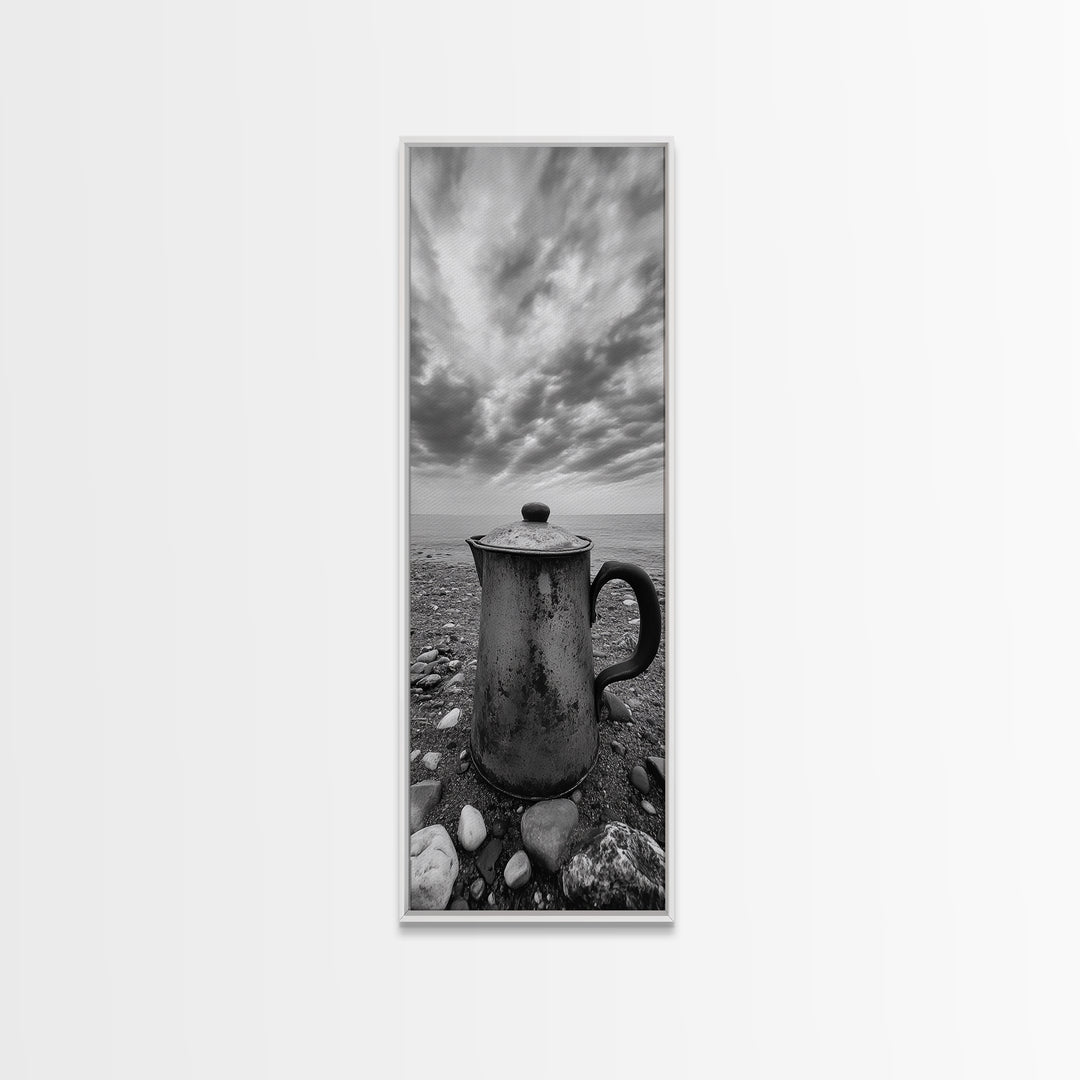 Seaside Coffee Pot, Rustic Beach, Moody Vibes, Framed Canvas Print, Farmhouse Decor, Kitchen Wall Art, Coastal Neutral Artwork