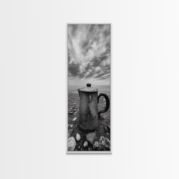 Seaside Coffee Pot, Rustic Beach, Moody Vibes, Framed Canvas Print, Farmhouse Decor, Kitchen Wall Art, Coastal Neutral Artwork