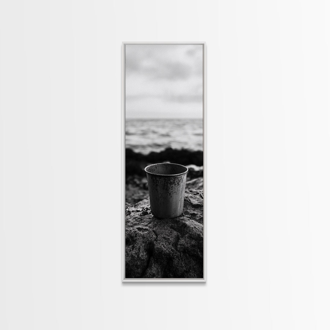 Metal Cup, Shoreline Still Life, Rustic Seaside, Canvas Print, Vintage Aesthetic, Coastal Kitchen Wall Art, Minimal Beach Mood