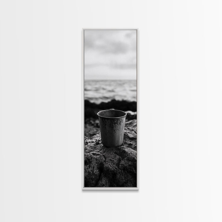 Metal Cup, Shoreline Still Life, Rustic Seaside, Canvas Print, Vintage Aesthetic, Coastal Kitchen Wall Art, Minimal Beach Mood