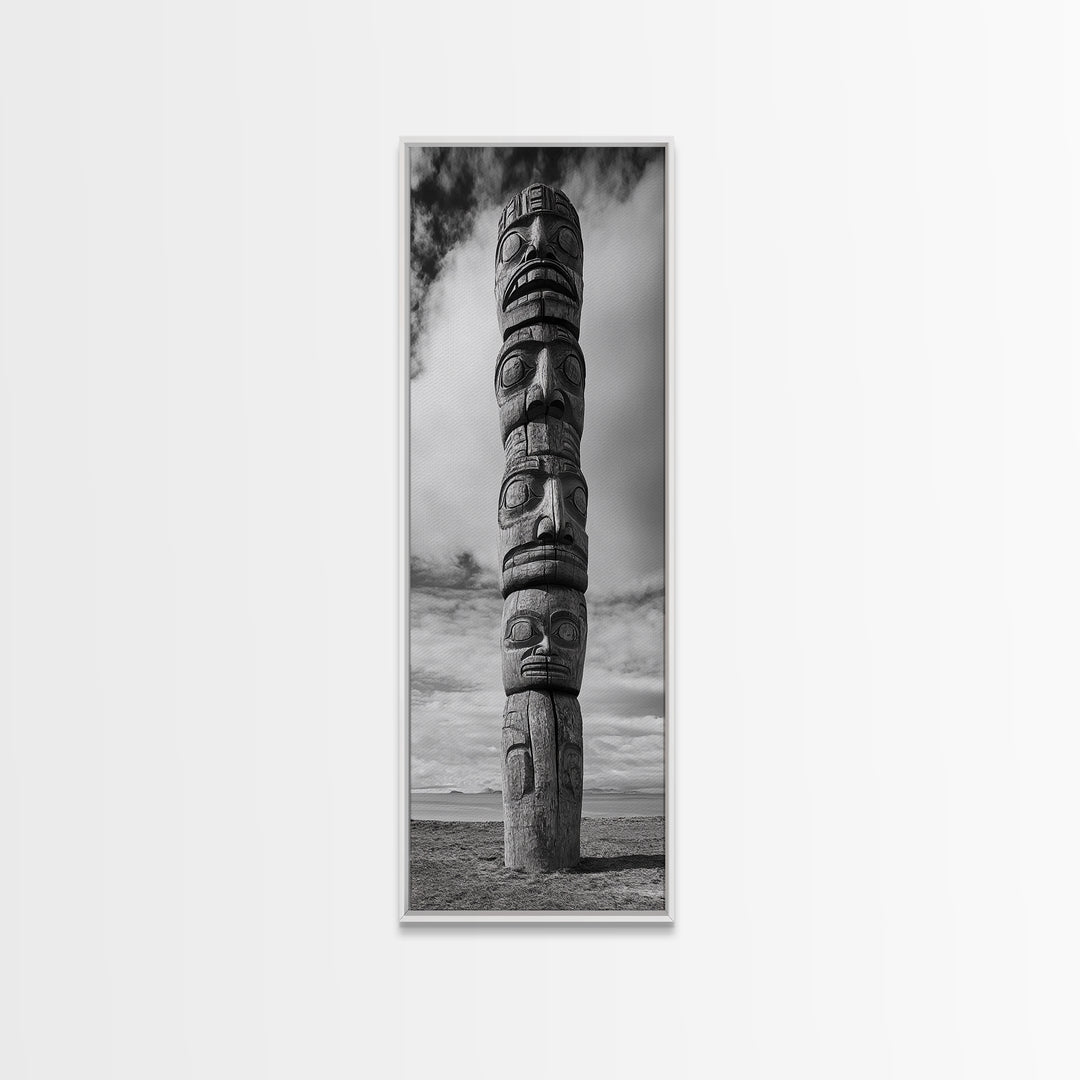 Totem Pole, Tribal Faces, Historic Symbolism, Canvas Print, Cultural Wall Decor, Office Wall Art, Rustic Museum Style Photography