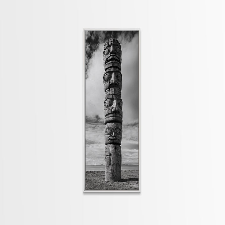 Totem Pole, Tribal Faces, Historic Symbolism, Canvas Print, Cultural Wall Decor, Office Wall Art, Rustic Museum Style Photography